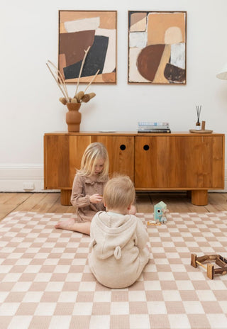 Neutral checkered double-sided foam padded play mat that looks like rug and is waterproof - latte colour
