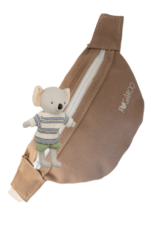 Rugaroo brown pouch bag and logo print, zippered front, and adjustable strap — designed to carry miniature Aussie dolls securely for adventures. Koala plush doll included.