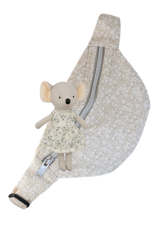 Rugaroo floral pouch bag with sage and white blossom print, zippered front, and adjustable strap designed to carry miniature Aussie dolls securely for adventures. Koala plush doll above the bum bag.