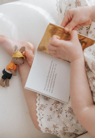 Person reading a book with a tradie kangaroo wearing a hard hat on a white surface