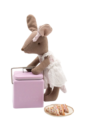 A miniature Rugaroo Kangaroo doll holding a tiny esky filled with fairy bread, adding a touch of Aussie charm to playtime