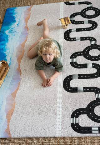 Ocean, train and road track luxe foam padded baby playmat that is waterproof, great to play on, non-toxic and earth friendly