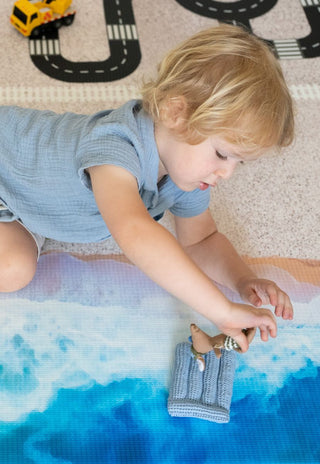 stylish ocean road foam padded luxe baby playmat that is eco-friendly and biodegradable, waterproof, safe, non-toxic, double-sided and has car and train tracks