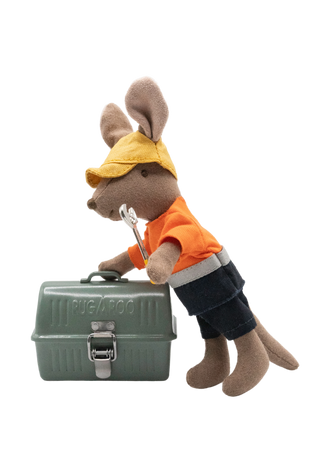 miniature dollhouse toolbox with six mini tools and kangaroo doll.