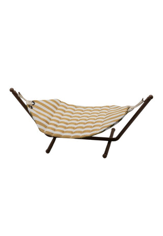 miniature dollhouse hammock with wavy pattern on a stand against a white background