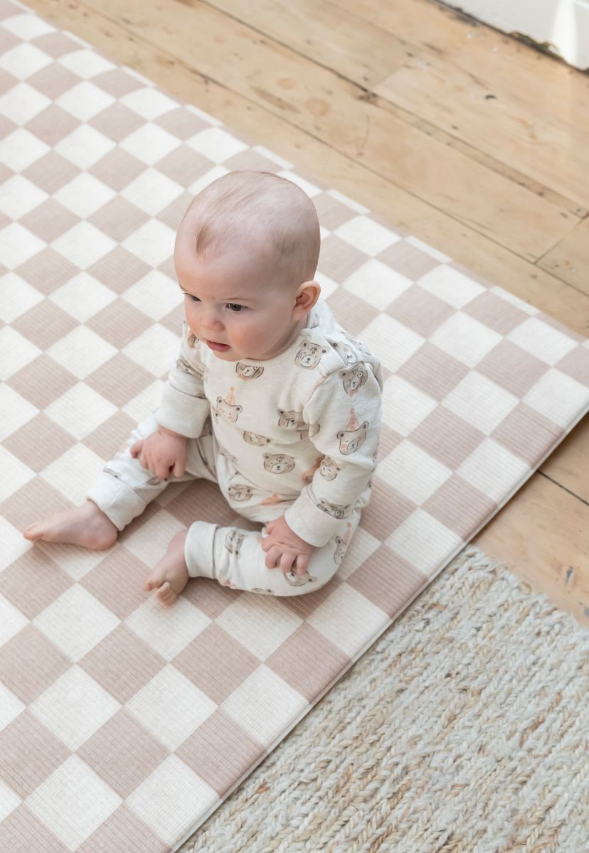 best Neutral checkered double-sided foam padded play mat that looks like rug and is waterproof