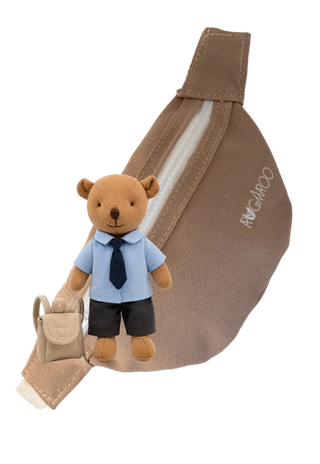 A brown canvas fanny pack with a white zipper, featuring a small plush kindy-prep school blue shirt, navy tie, and dark shorts, along with a tiny beige backpack. The brand name 'RUGAROO' is stamped on the side.