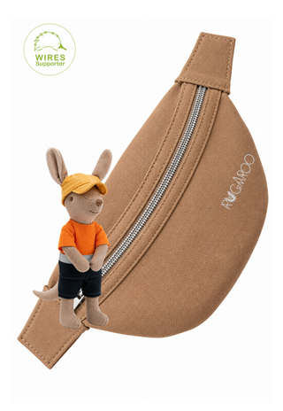 Dazza the Tradie Kangaroo plush doll in an orange hi-vis tee, navy work shorts and mustard cap, beside a tan canvas Rugaroo pouch bag