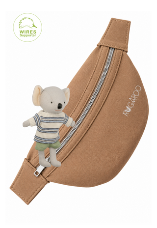 Dusty the Koala 13cm plush doll with a tan canvas Rugaroo kids bum bag with silver zip and adjustable strap