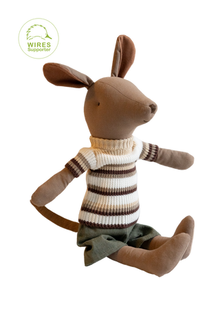 A plush kangaroo toy wearing a knitted striped sweater and green shorts, shown on a plain white background with a circular 'Wires Supporter' logo in the top-left corner.