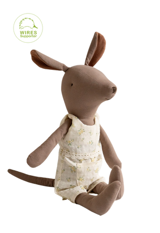 Large plush Kangaroo cotton heirloom doll with romper and pouch on body.