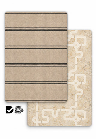 Large ordan and Little-Explorer double-sided 15mm TPU foam baby play mat by Rugabub, oatmeal linen look modern rug side with charcoal stripes and neutral road map with road and train track, non-toxic, wipe clean, Good Design Award winner