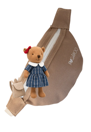 A beige canvas fanny pack with a white zipper, featuring a small plush rugaroo wombat doll with school uniform dress and red bow.