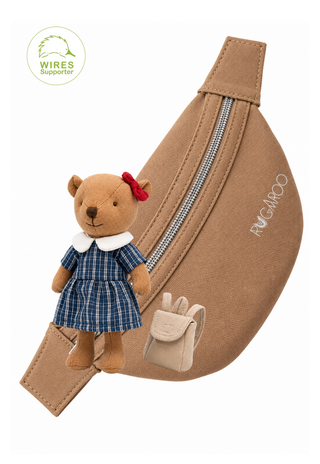 Maisie the Wombat plush doll in a navy check school dress with white collar and red hair bow, with a mini backpack and tan canvas Rugaroo pouch bag