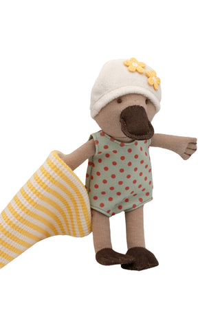 Soft Australian platypus doll wearing swimmers, Rugaroo Billabong Swimmer character.