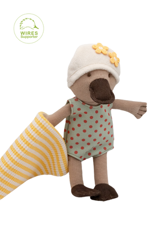 Soft Australian platypus doll wearing swimmers, Rugaroo Billabong Swimmer character.