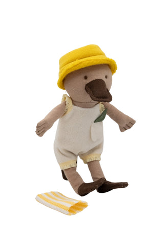 Miniature plush platypus doll wearing bucket hat and towelling suit, Rugaroo Creek Scout character.