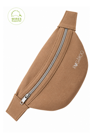 Rugaroo kids bum bag in tan canvas with silver zip, adjustable strap and embroidered Rugaroo logo