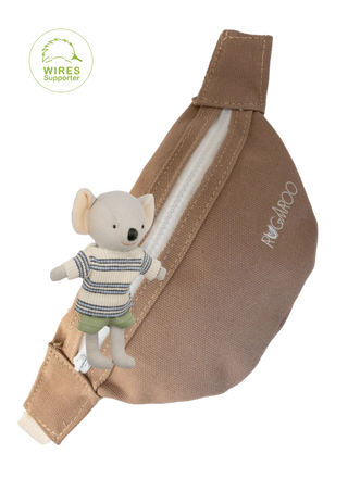 Rugaroo brown pouch bag and logo print, zippered front, and adjustable strap, designed to carry miniature Aussie dolls securely for adventures. Koala plush doll included.