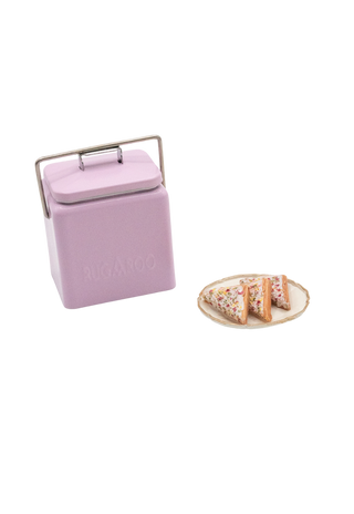 Rugaroo dollhouse miniature esky cooler in lilac colour filled with mini fairy-bread