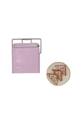 Rugaroo dollhouse miniature esky cooler in lilac colour filled with mini fairy-bread