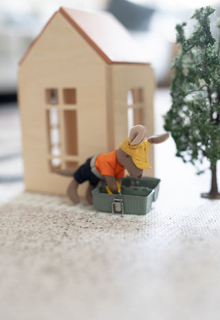 miniature dollhouse kangaroo tradie doll with his toolbox.