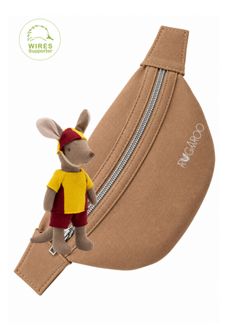 Sandy the Surf Rescue Kangaroo plush doll in a red and yellow lifesaver cap, shirt and red shorts, with a tan canvas Rugaroo pouch bag