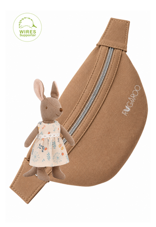 Sheila the Kangaroo plush doll in a cream floral dress with lace waist trim, beside a tan canvas Rugaroo pouch bag with silver zip