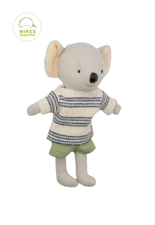 A plush koala toy wearing a cream knit sweater with blue and gray stripes and light green shorts, shown on a plain white background. A circular 'Wires Supported' logo appears in the upper left corner.