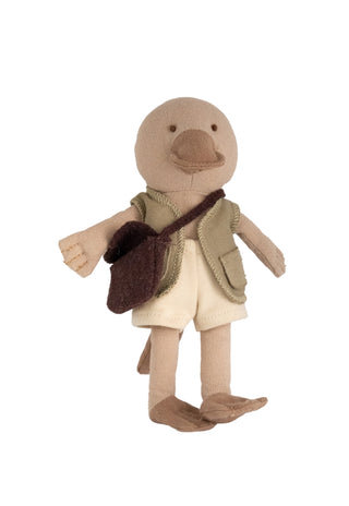 Miniature plush platypus doll wearing explorer vest and satchel, Rugaroo Bushwalker character.