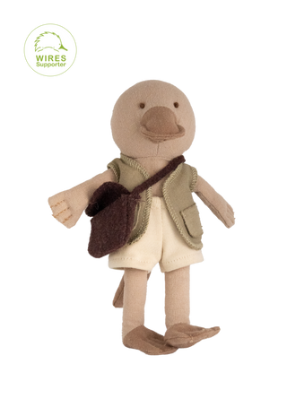 Miniature plush platypus doll wearing explorer vest and satchel, Rugaroo Bushwalker character.