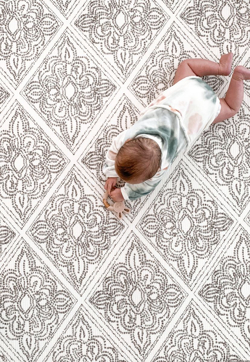 stylish foam baby play mat that is eco-friendly and biodegradable, waterproof, safe, non-toxic and looks like a designer rug - black and white