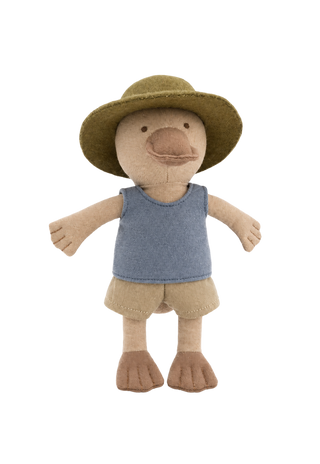 Baz the BBQ Backseat Cook Platypus miniature heirloom doll, blue singlet, khaki shorts and olive hat, Rugaroo Australian animal doll