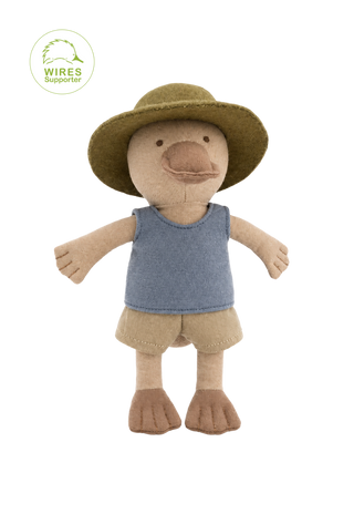 Baz the BBQ Backseat Cook Platypus miniature heirloom doll, blue singlet, khaki shorts and olive hat, Rugaroo Australian animal doll