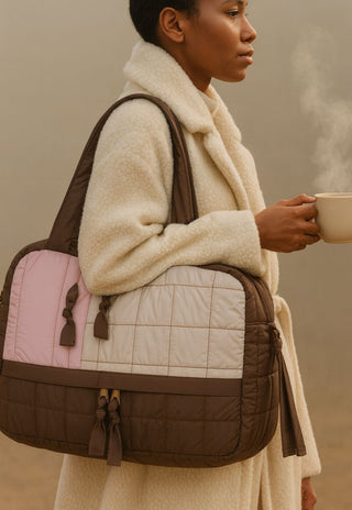 Person wearing a quilted baby nappy bag with a checkered pattern, holding a mug in a misty outdoor setting.