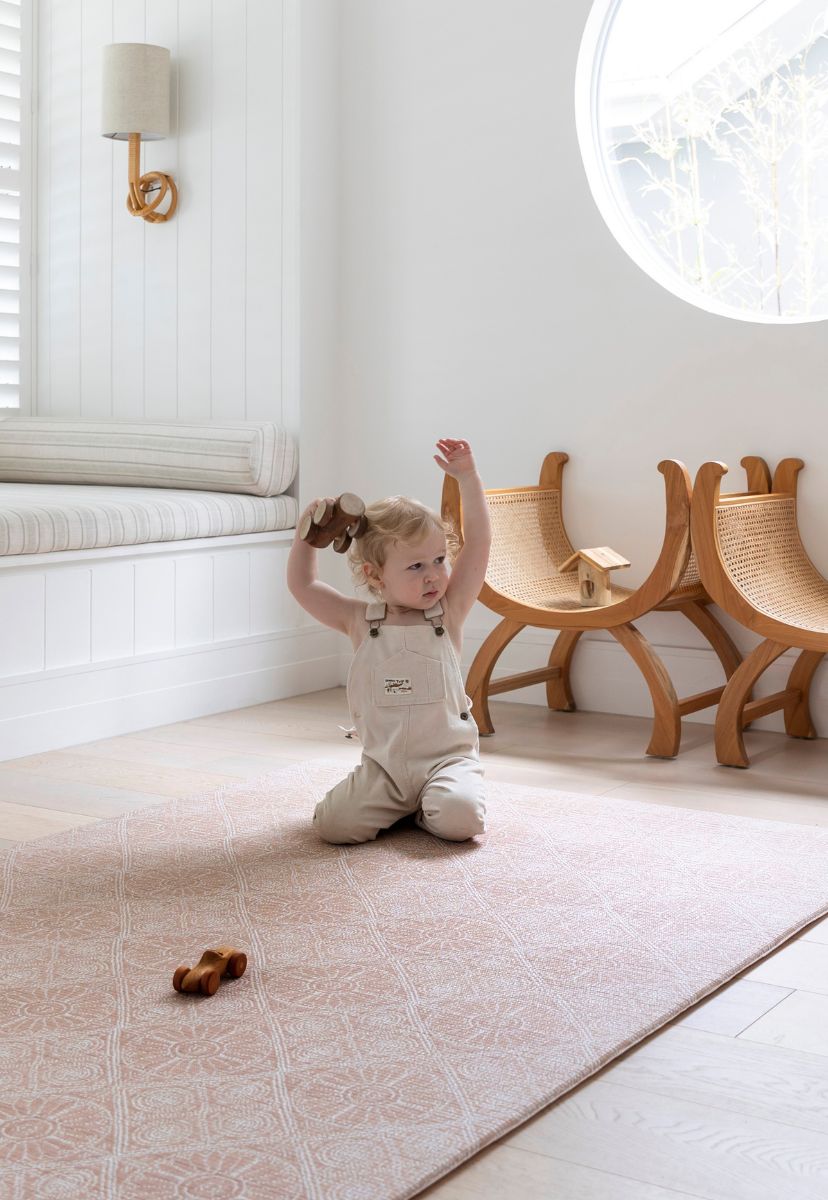 Large Foam Padded Play Mat for babies that look like a woven rug in neutral colours