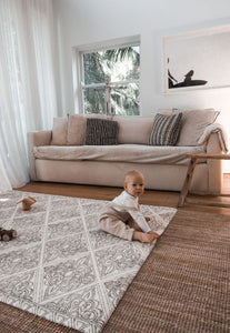 stylish foam baby play mat that is eco-friendly and biodegradable, waterproof, safe, non-toxic and looks like a designer rug - black and white