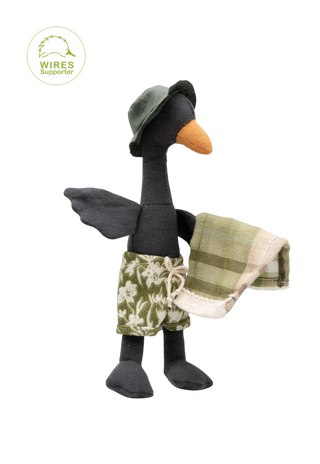 Byron the Sunbaking Black Swan, miniature heirloom black swan plush doll wearing green boardies and sun hat, Rugaroo Australian toy