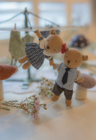Clancy and Maisie the Wombats hanging from the lines of the Rugaroo Backyard Hoist miniature rotary clothesline