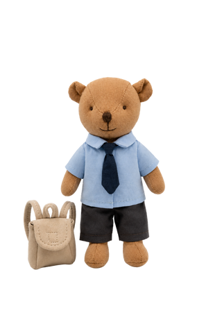 Clancy the Prep Wombat miniature heirloom doll, blue school shirt, navy shorts, dark tie and miniature backpack, Rugaroo Australian animal doll