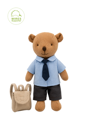 Clancy the Prep Wombat miniature heirloom doll, blue school shirt, navy shorts, dark tie and miniature backpack, Rugaroo Australian animal doll