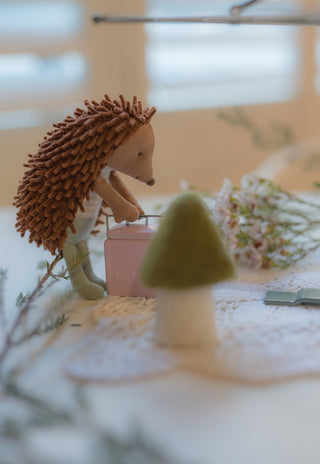 Col the Campground Host Echidna miniature doll checking the esky, Rugaroo Australian animal dollhouse doll, small world play