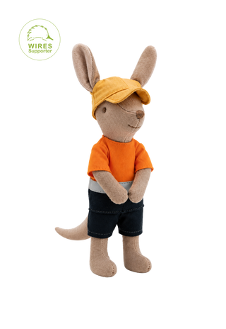 Dazza the Tradie Kangaroo miniature heirloom doll, hi-vis orange shirt, navy work shorts and yellow cap, Rugaroo Australian animal doll