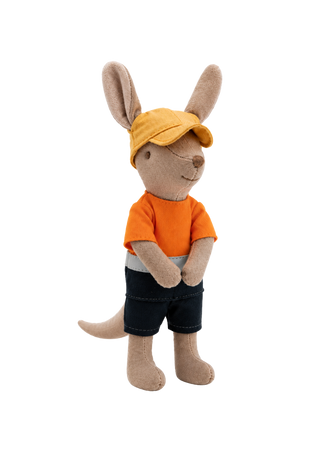 Dazza the Tradie Kangaroo miniature heirloom doll, hi-vis orange shirt, navy work shorts and yellow cap, Rugaroo Australian animal doll