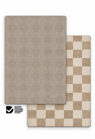 Rugabub India-Rose / Biscuit reversible baby play mat showing a taupe medallion tile rug design on one side and a soft biscuit and cream checkerboard rug design on the other
