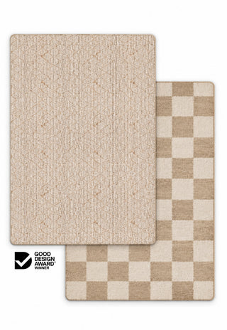 Rugabub Laila / Biscuit reversible baby play mat showing a jute-look woven lattice rug design on one side and a soft biscuit and cream checkerboard rug design on the other