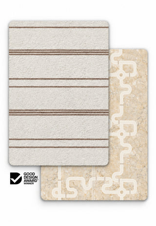 Large Cala and Little-Explorer double-sided 15mm TPU foam baby play mat by Rugabub, cream pinstripe modern rug side and neutral road map with road and train track, non-toxic, wipe clean, Good Design Award winner