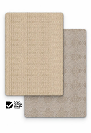 Large Frankie and India-Rose double-sided 15mm TPU foam baby play mat by Rugabub, warm oat knit texture and taupe medallion tile modern rug designs, non-toxic, wipe clean, Good Design Award winner