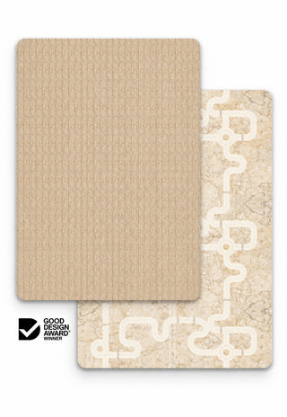 Large Frankie and Little-Explorer double-sided 15mm TPU foam baby play mat by Rugabub, warm oat knit texture modern rug side and neutral road map with road and train track, non-toxic, wipe clean, Good Design Award winner