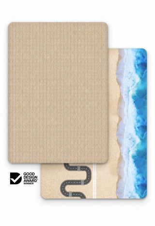 Large Frankie and Ocean-Road double-sided 15mm TPU foam baby play mat by Rugabub, warm oat knit texture modern rug side and ocean, beach, road and train track play side, non-toxic, wipe clean, Good Design Award winner